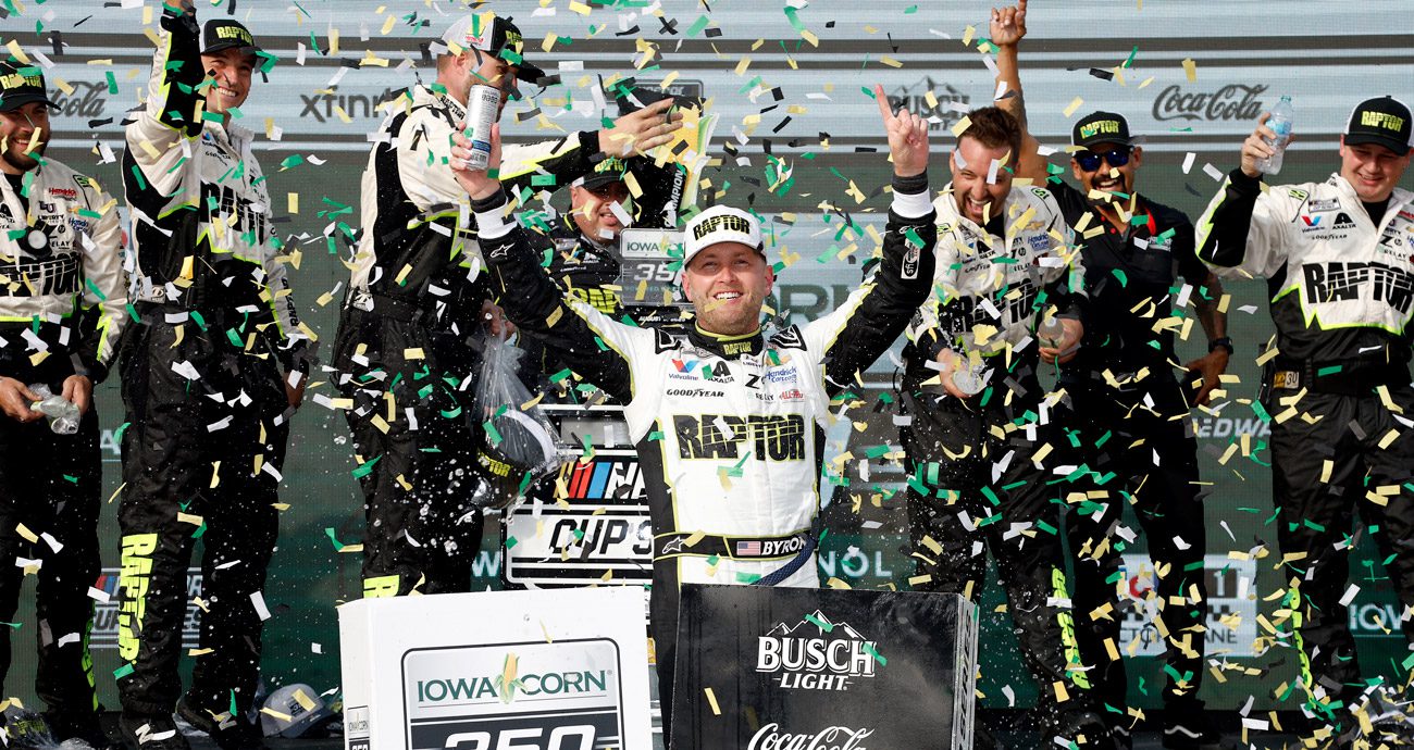 William Byron celebrates a NASCAR Cup Series win.