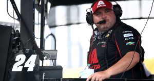 Crew chief Rudy Fugle watches from atop the No. 24 pit box at Darlington Raceway