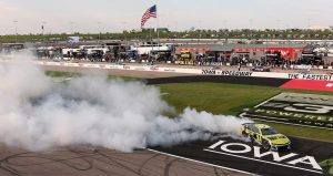 William Byron does a celebratory burnout in his No. 24 Chevy after winning at Iowa Speedway