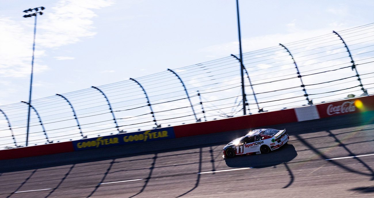 Denny Hamlin drives during NASCAR Cup Series practice at Darlington.