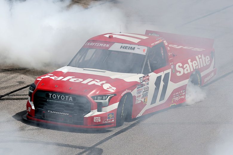 Corey Heim celebrates with a burnout at Darlington.