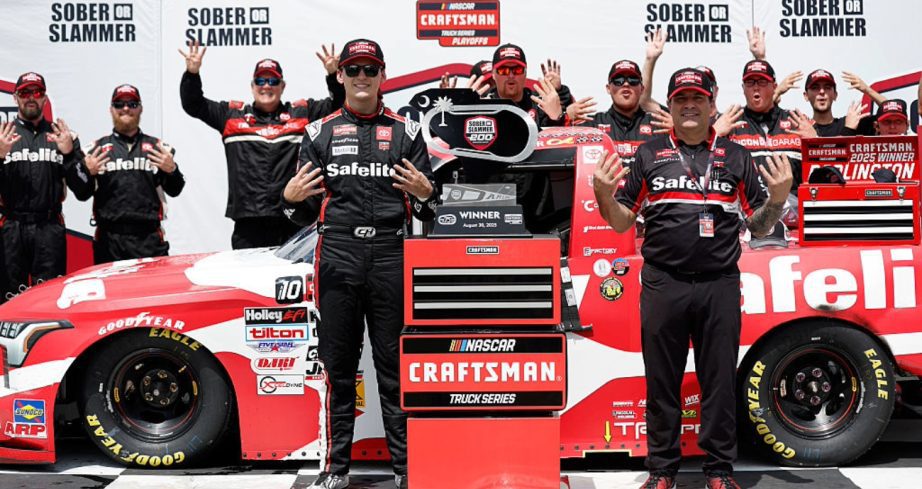 Corey Heim celebrates in Victory Lane at Darlington.