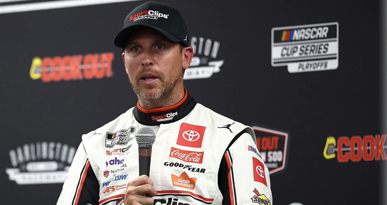 Denny Hamlin speaks to media at Darlington.