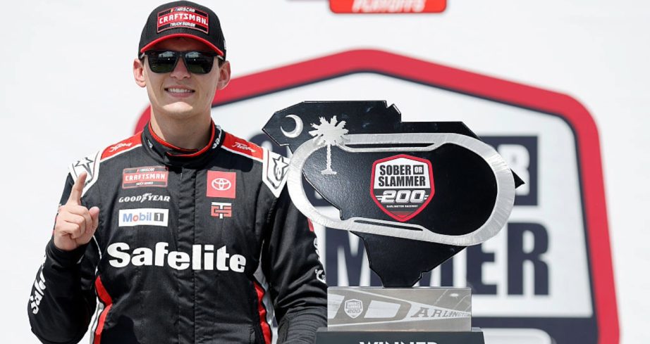 Corey Heim celebrates in Victory Lane at Darlington.
