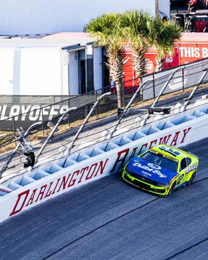 Ryan Blaney races the high line at Darlington Raceway.