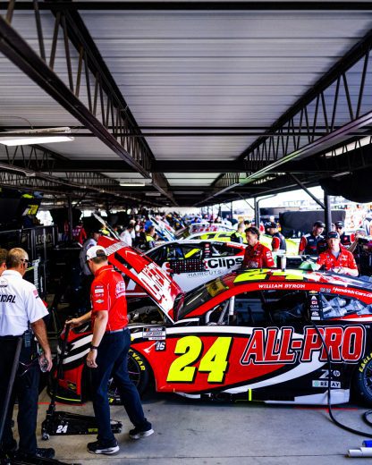 A general view of the NASCAR Cup Series garage ahead of the 2025 Cook Out Southern 500 at Darlington Raceway.