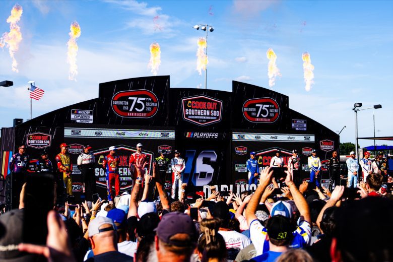 The 2025 NASCAR Cup Series Playoffs drivers line the stage ahead of the Round of 16 opener at Darlington Raceway.