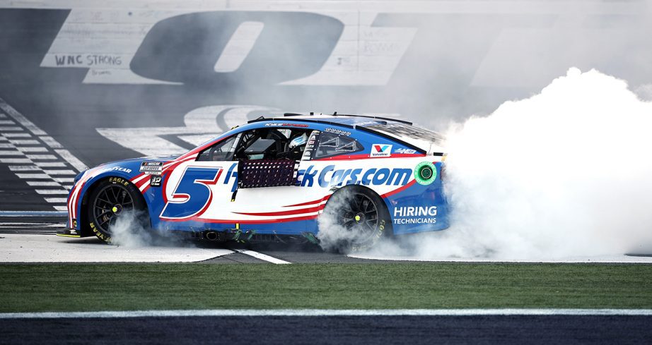 Kyle Larson celebrates a win at the Charlotte Motor Speedway Roval.