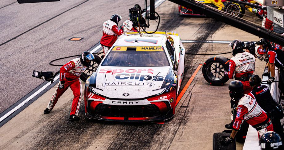 Denny Hamlin makes a pit stop during the Southern 500 at Darlington.