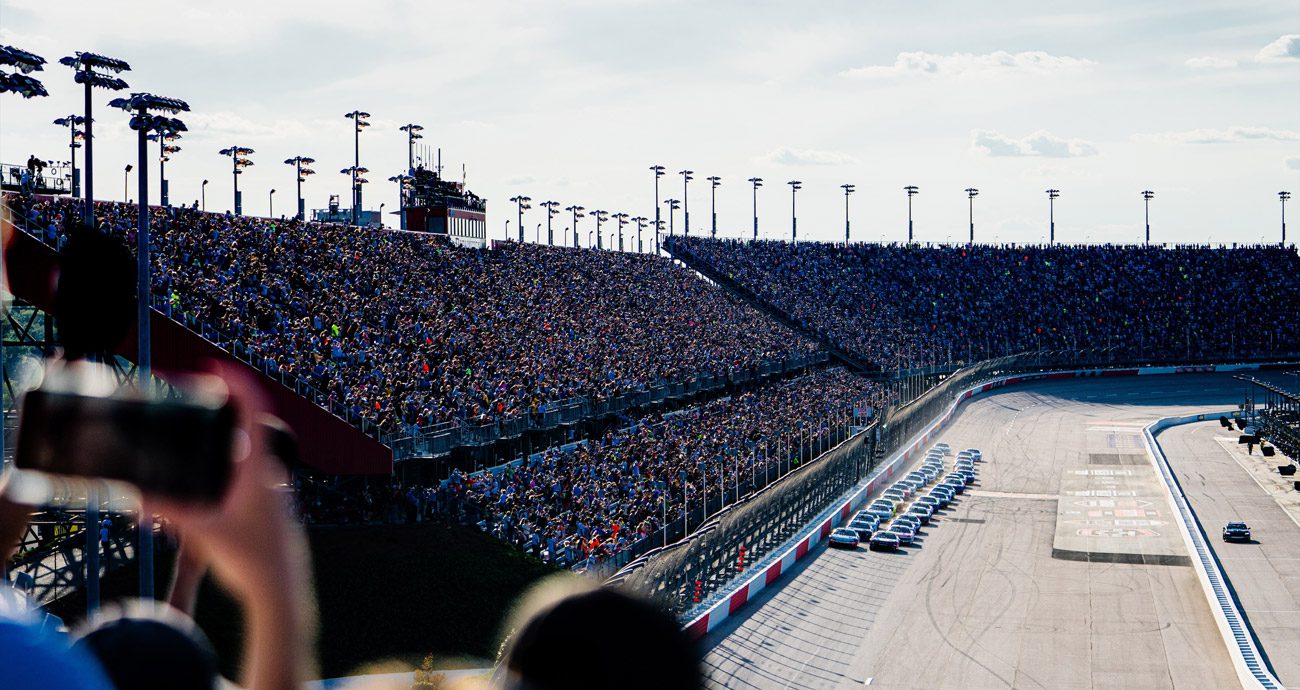 A general image of the Darlington Raceway fronstretch from the vantage point of the grandstands.
