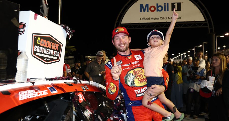 Chase Briscoe (L) and Brooks Briscoe (R) pose for a photo in Victory Lane at Darlington Raceway.