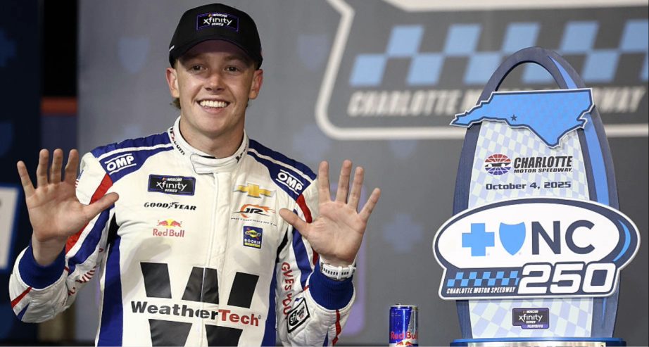 Connor Zilisch celebrates in Victory Lane at Charlotte Roval.