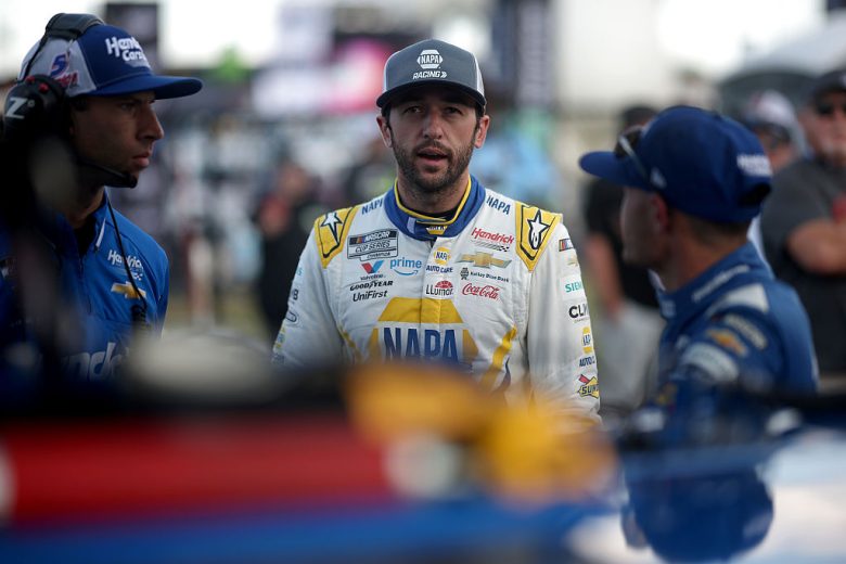 Chase Elliott talks to Kyle Larson at Gateway.