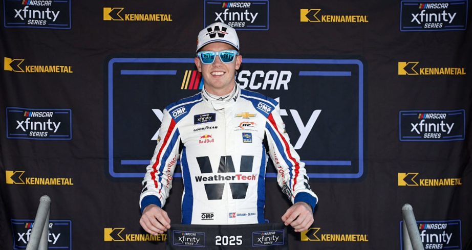 Connor Zilisch celebrates after winning the pole at Gateway.