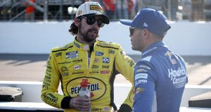 Ryan Blaney and Kyle Larson talk after a NASCAR Cup Series race at Gateway.