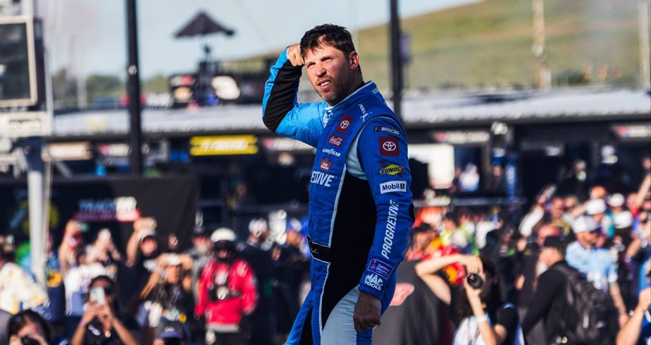 denny hamlin celebrates his nascar cup series win at gateway
