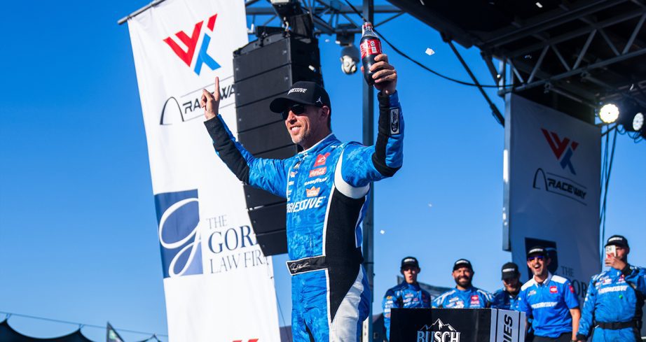 denny hamlin celebrates his nascar cup series win at gateway