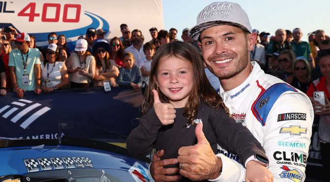 Kyle Larson reacts to daughter Audrey’s first win at Millbridge Speedway