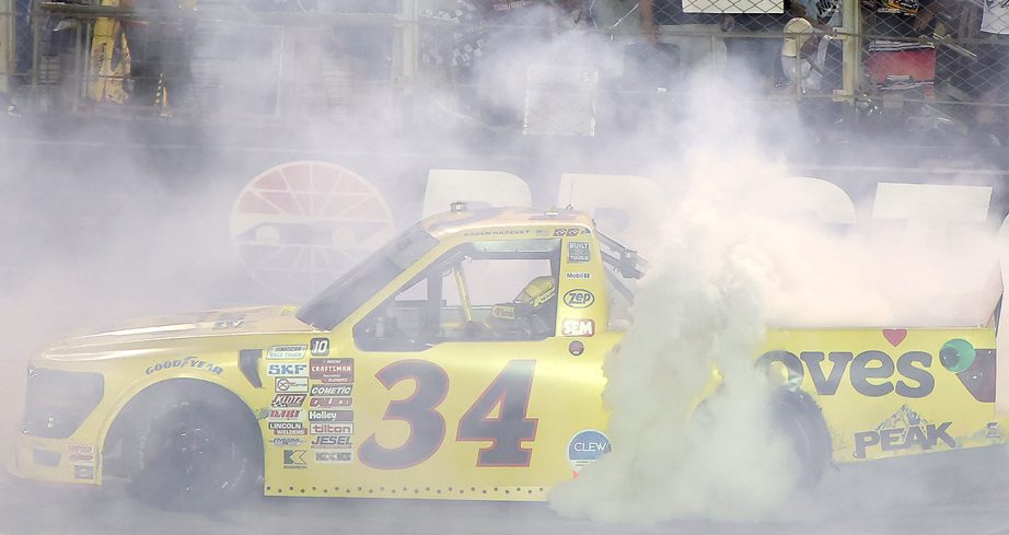layne riggs celebrates his nascar craftsman truck series win at bristol