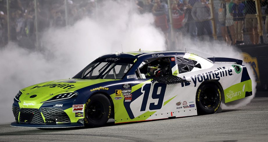 aric almirola celebrates his nascar xfinity series win at bristol