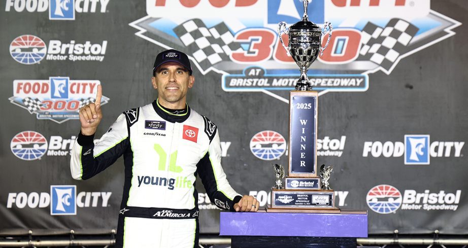 aric almirola celebrates his nascar xfinity series win at bristol