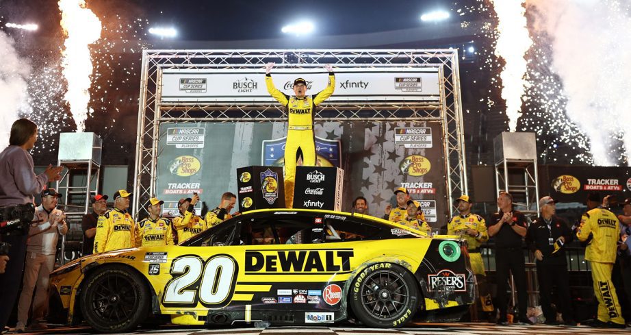 Christopher Bell celebrates in Victory Lane following his NASCAR Cup Series win at Bristol Motor Speedway.