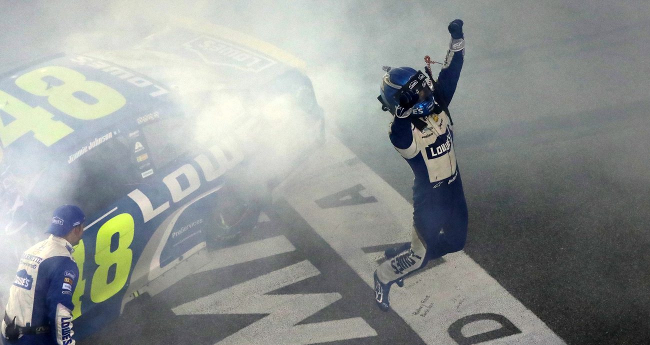Jimmie Johnson, driver of the No. 48 Lowe's Chevrolet, celebrates after winning the NASCAR Cup Series Ford EcoBoost 400 and the 2016 NASCAR Cup Series Championship at Homestead-Miami Speedway on Nov. 20, 2016 in Homestead, Florida.