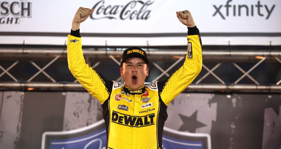 Christopher Bell celebrates in Victory Lane following his NASCAR Cup Series win at Bristol Motor Speedway.