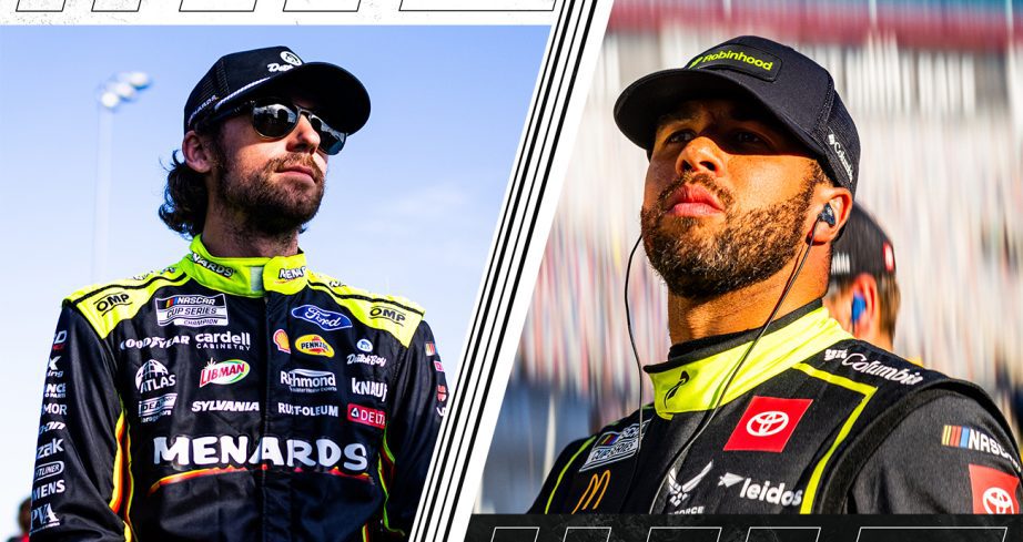 Graphic of Ryan Blaney and Bubba Wallace looking on.