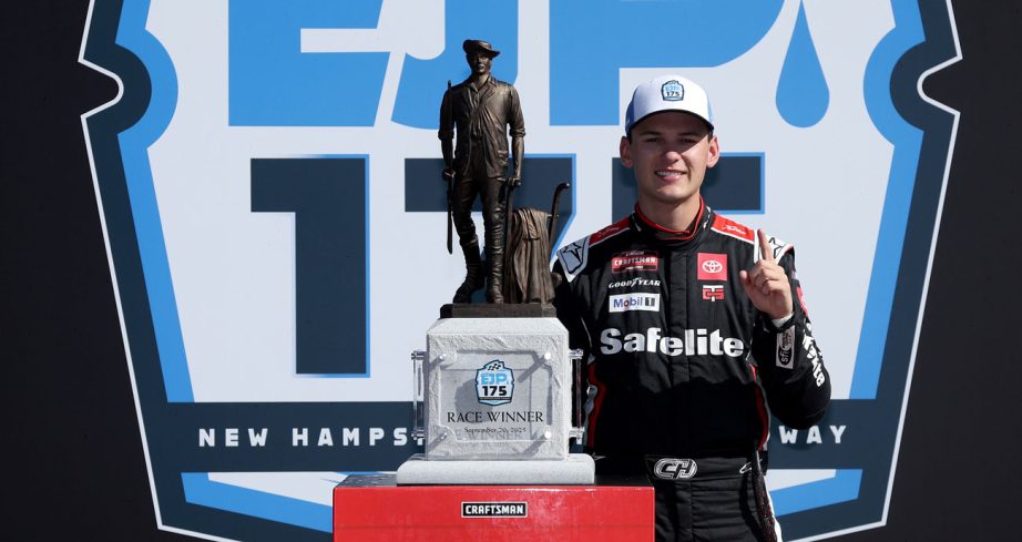 Corey Heim poses for a photo in Victory Lane at New Hampshire Motor Speedway.