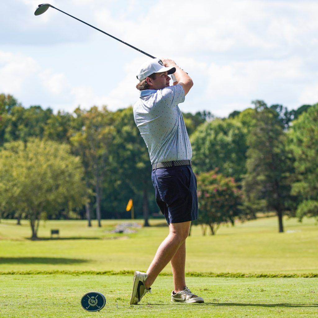 Noah Gragson tees off at Rolling Hills Country Club in Monroe, North Carolina.