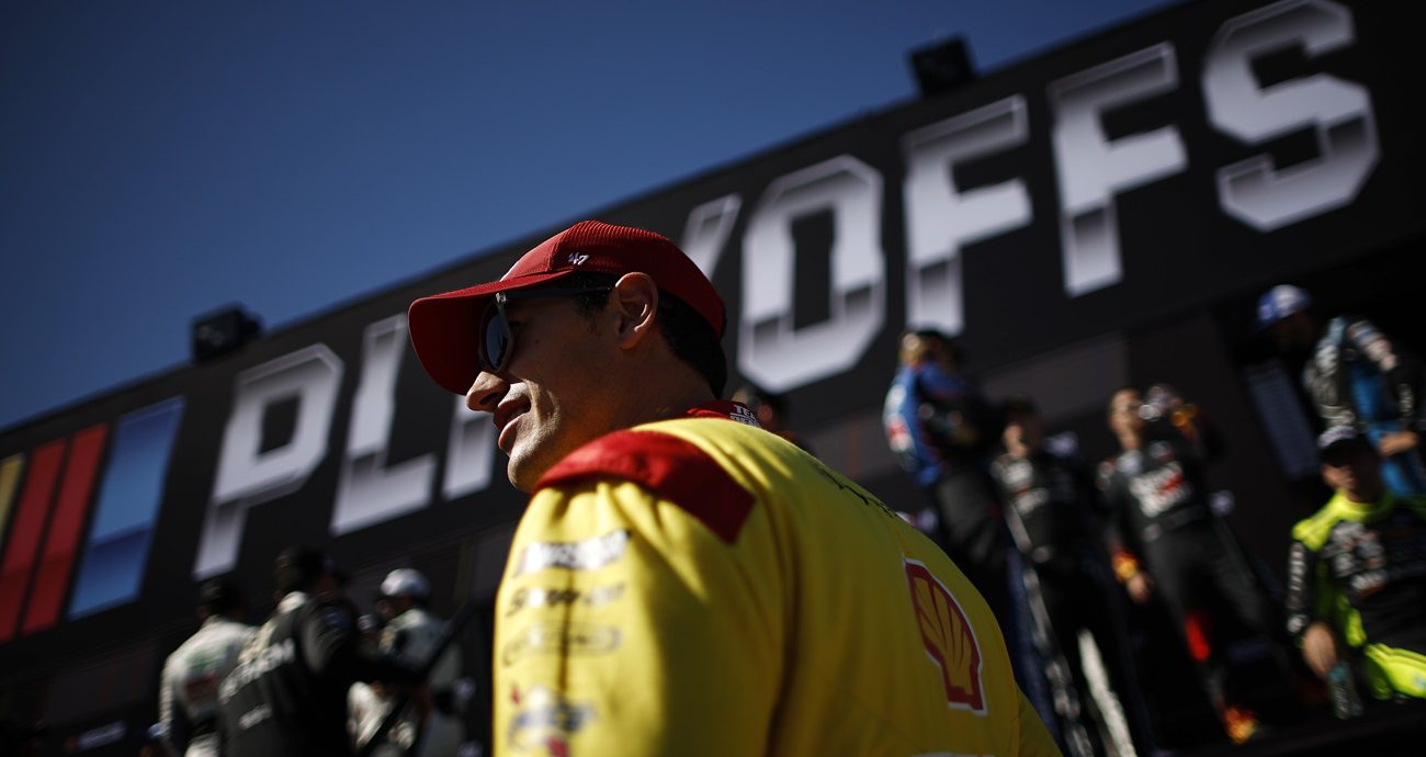 KANSAS CITY, KANSAS - SEPTEMBER 29: Joey Logano, driver of the #22 Shell Pennzoil Ford, waits backstage during pre-race ceremonies prior to the NASCAR Cup Series Hollywood Casino 400 Presented by ESPN BET at Kansas Speedway on September 29, 2024 in Kansas City, Kansas. (Photo by 
