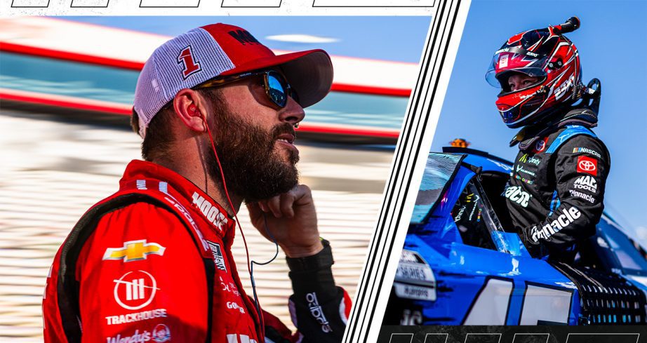 Ross Chastain and Tyler Reddick look on.