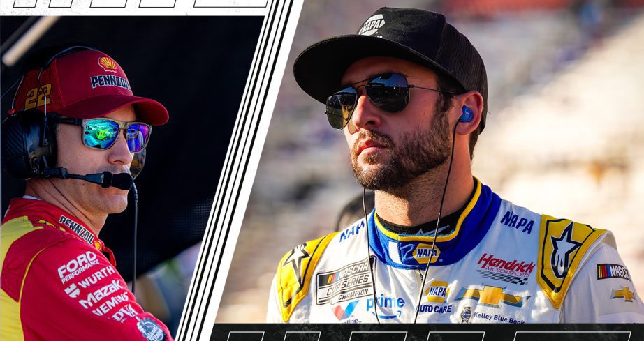 Graphic of Chase Elliott and Joey Logano looking on.