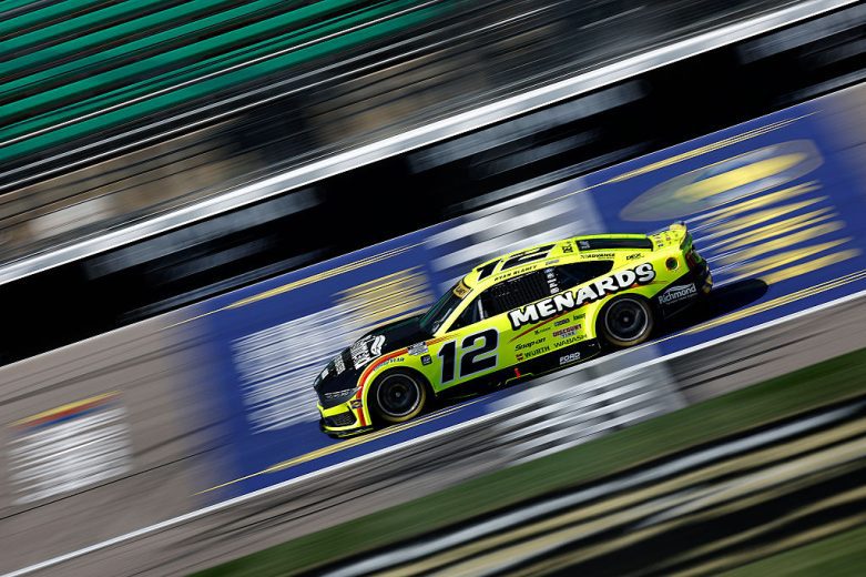 Ryan Blaney drives at Kansas.