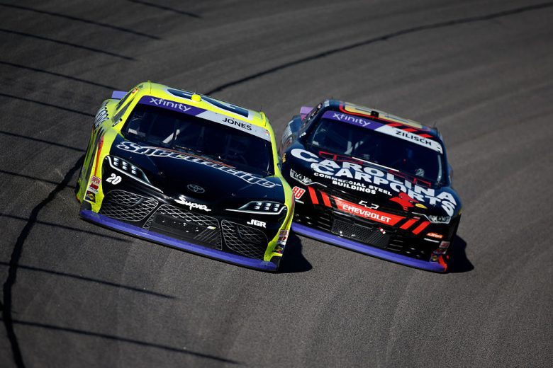 Brandon Jones and Connor Zilisch race at Kansas.