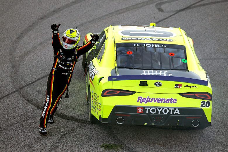 Brandon Jones celebrates after winning at Kansas.