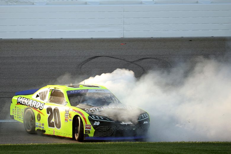 Brandon Jones does a burnout at Kansas.