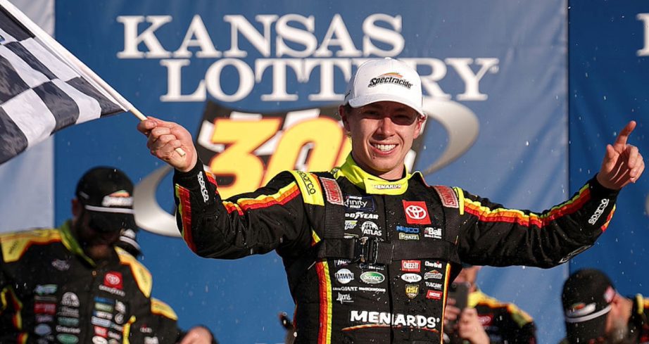 Brandon Jones celebrates in Victory Lane at Kansas.
