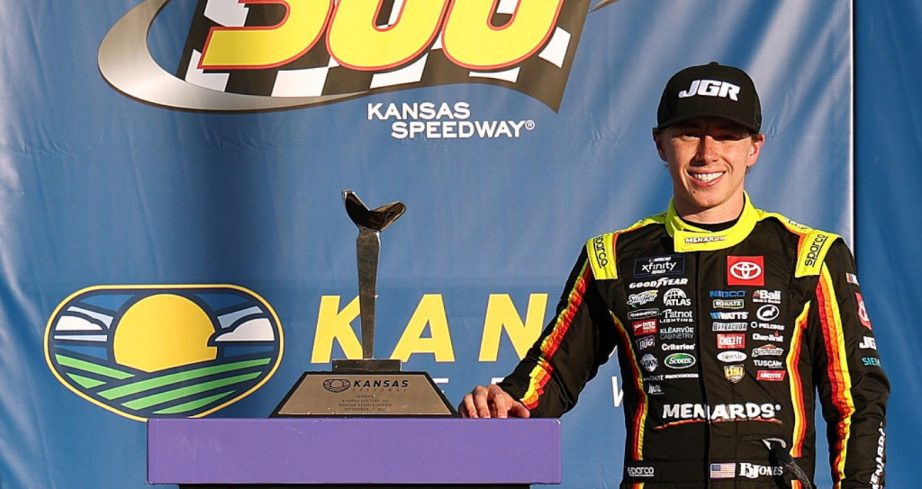 Brandon Jones celebrates in Victory Lane at Kansas.