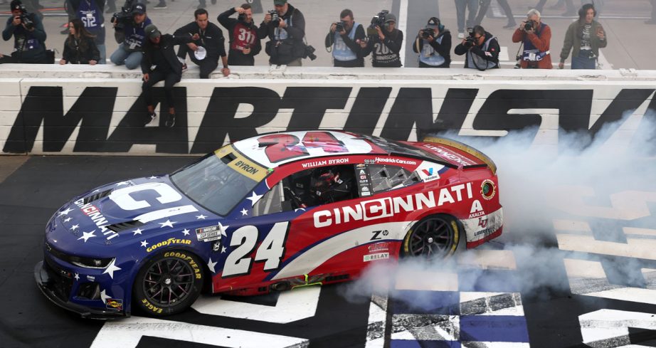 William Byron does a celebratory burnout following his NASCAR Cup Series win at Martinsville Speedway.