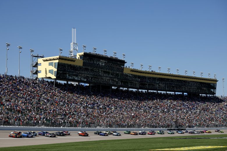 General view of NASCAR racing at Kansas.