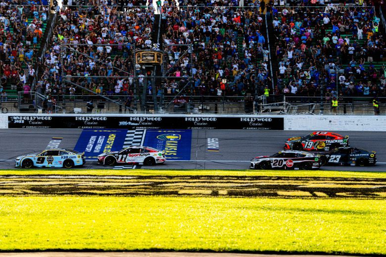NASCAR Cup Series finish at Kansas as Chase Elliott wins over Denny Hamlin.