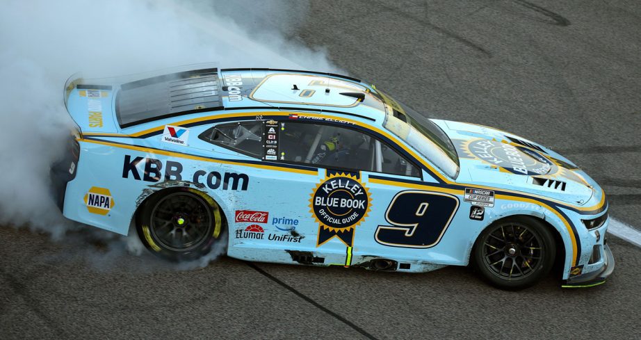 Chase Elliott does a victory burnout in the No. 9 Hendrick Motorsports Chevrolet following his NASCAR Cup Series win at Kansas Speedway.