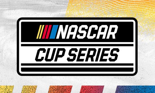 NASCAR Cup Series logo featuring bold text and red, yellow, and blue NASCAR stripes on a textured background.