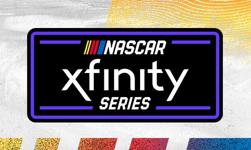 NASCAR Xfinity Series logo featuring bold text and red, yellow, and blue NASCAR stripes on a textured background.