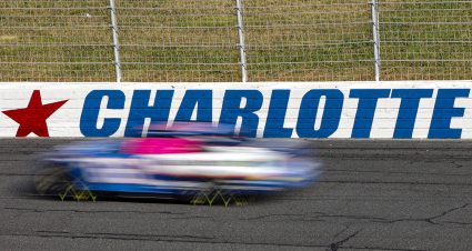 A general view of racing during the NASCAR Cup Series Bank of America ROVAL 400 at Charlotte Motor Speedway on October 08, 2023 in Concord, North Carolina.