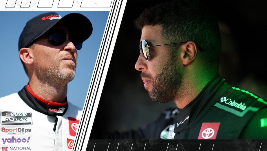 Denny Hamlin and Bubba Wallace look on.