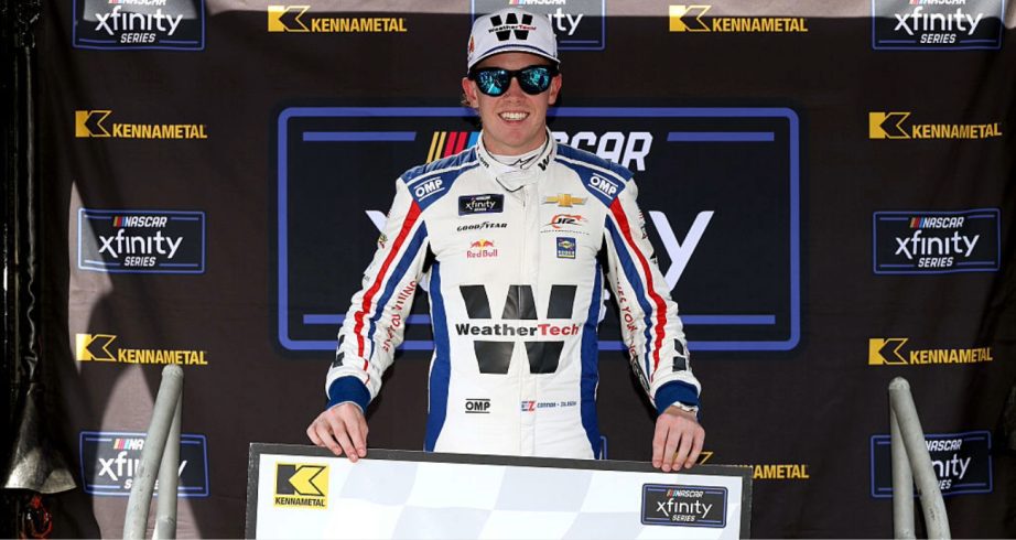 Connor Zilisch celebrates after winning the pole at Charlotte Roval.