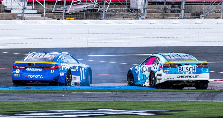 Denny Hamlin and Ross Chastain spin out.